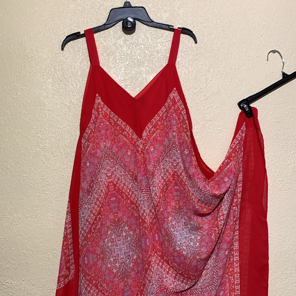 My Michelle Summer Dress XL Red Cream Floral Sleeveless Handkerchief Hem Lining - Picture 9 of 16